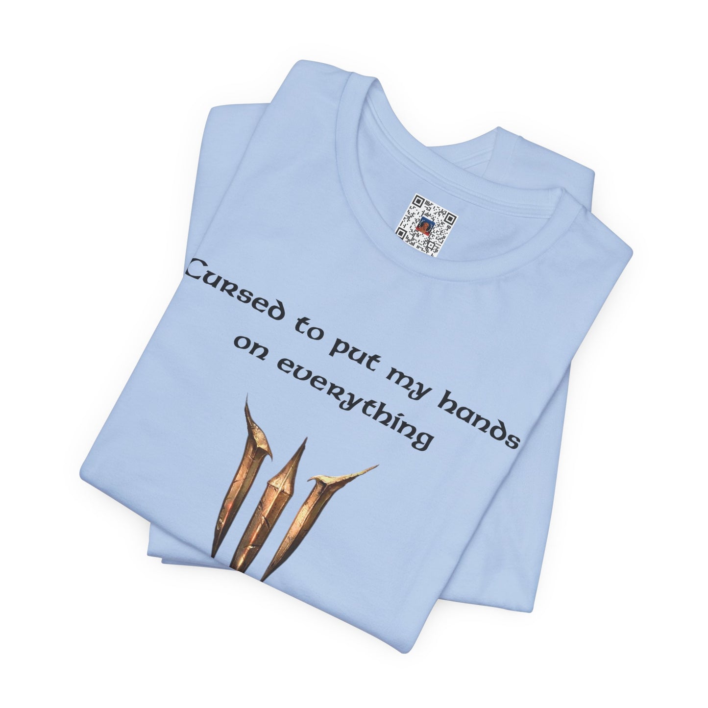 BG3 Tav Tee: 'Cursed to put my hands on everything' - Baldur's Gate 3 Unisex Shirt, Video Games, DND Gifts, Dungeons and Dragons, Astarion - Ivy Toller Designs