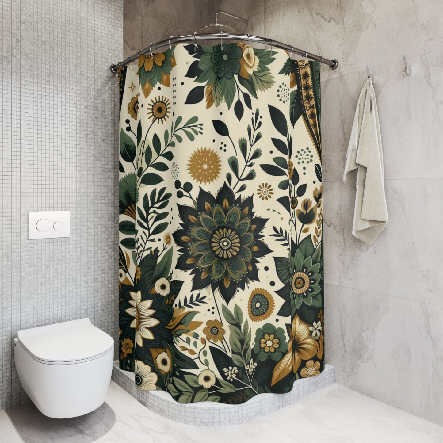 BoHo Flower Print Shower Curtain, Bohemian Blossom - Green Floral Shower Curtain, Bathroom Essentials, Great Housewarming Gift! - Ivy Toller Designs