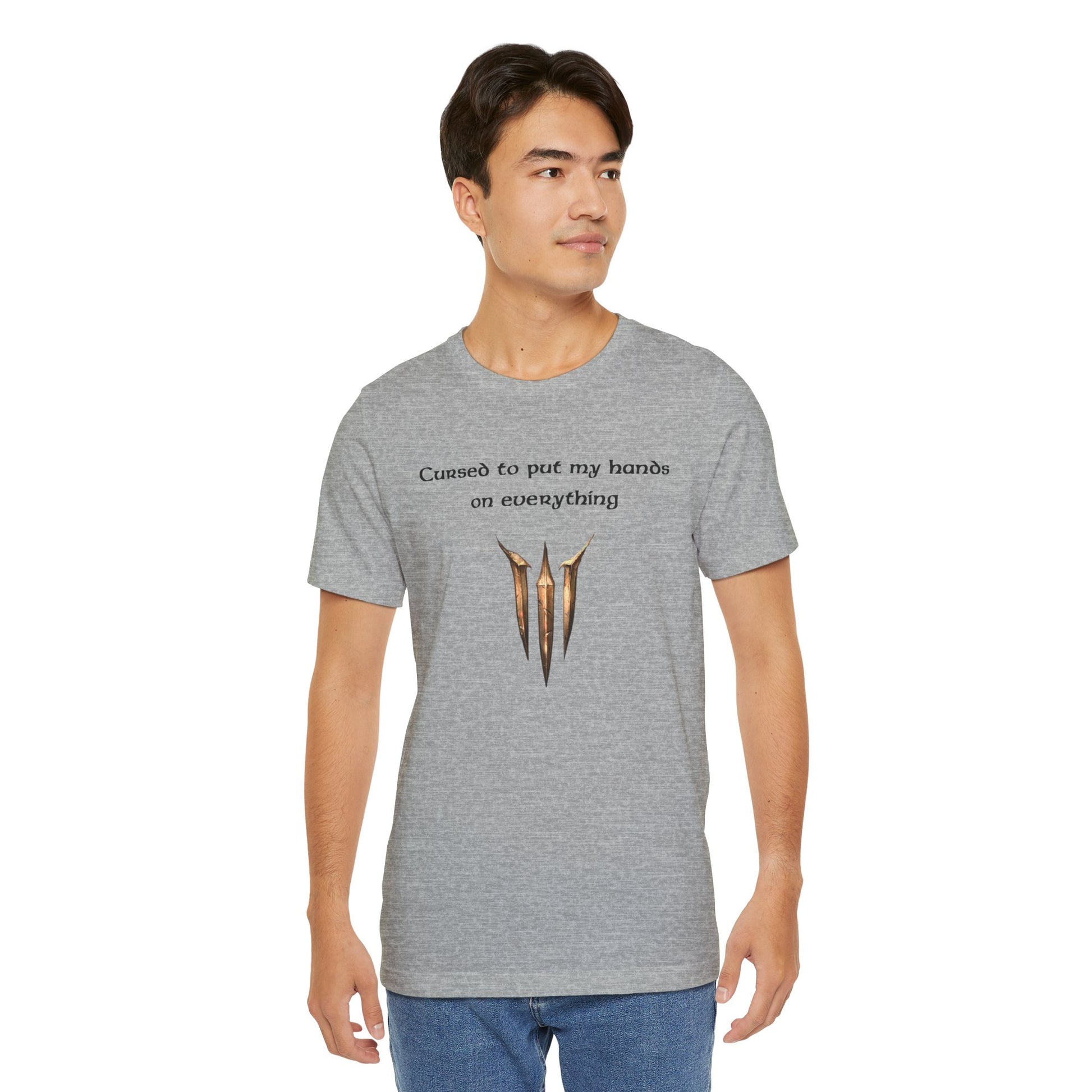 BG3 Tav Tee: 'Cursed to put my hands on everything' - Baldur's Gate 3 Unisex Shirt, Video Games, DND Gifts, Dungeons and Dragons, Astarion - Ivy Toller Designs