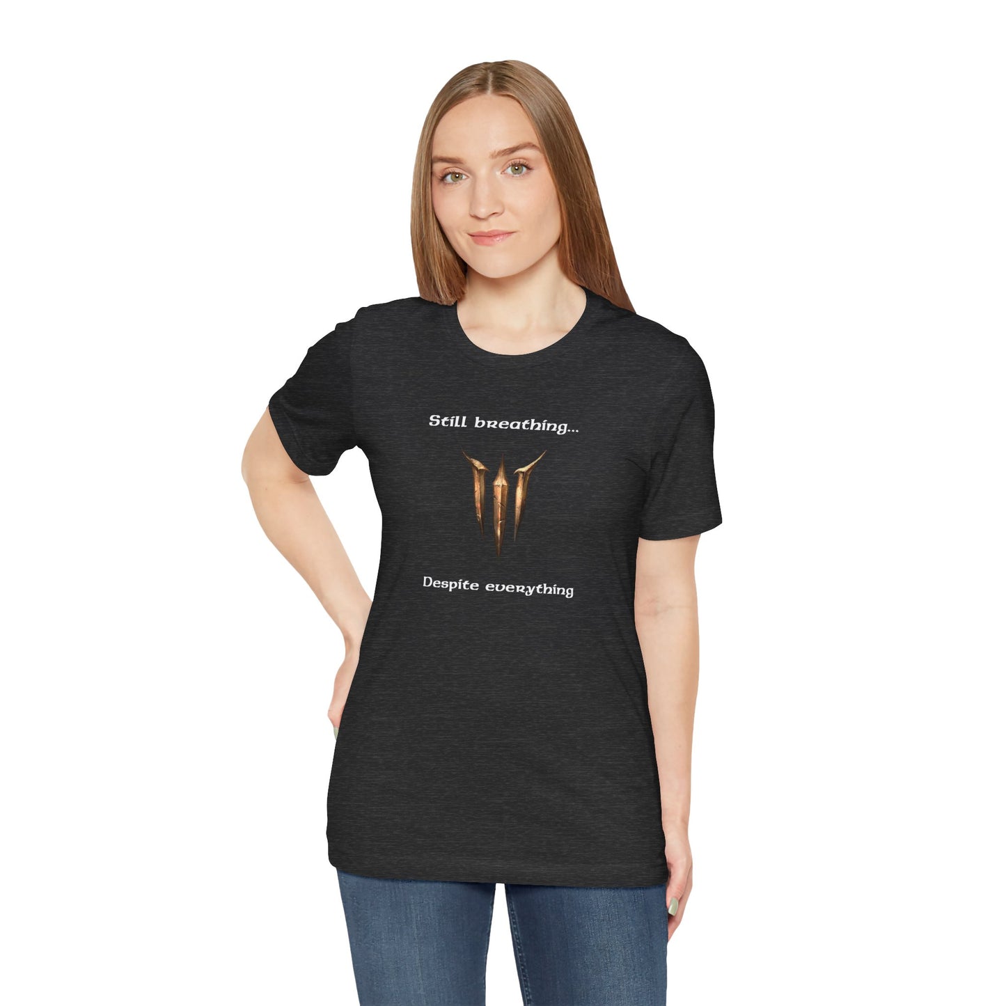 BG3 Tav Tee: 'Still breathing, despite everything' - Baldur's Gate 3 Unisex Shirt for Gamers and DND Nerds | PC, Xbox, and Playstation