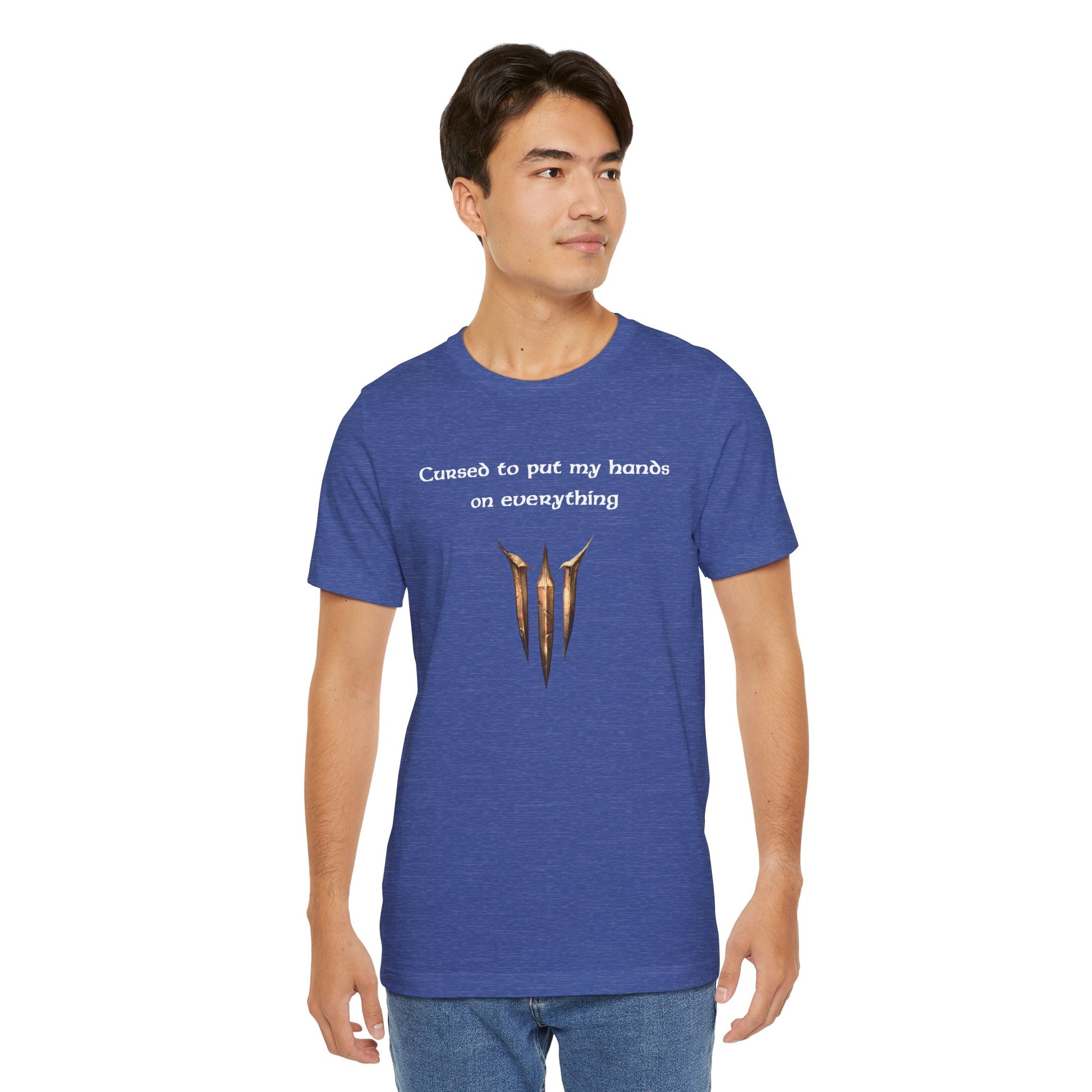 BG3 Tav Tee: 'Cursed to put my hands on everything' - Baldur's Gate 3 Unisex Shirt, Video Games, DND Gifts, Dungeons and Dragons, Astarion - Ivy Toller Designs