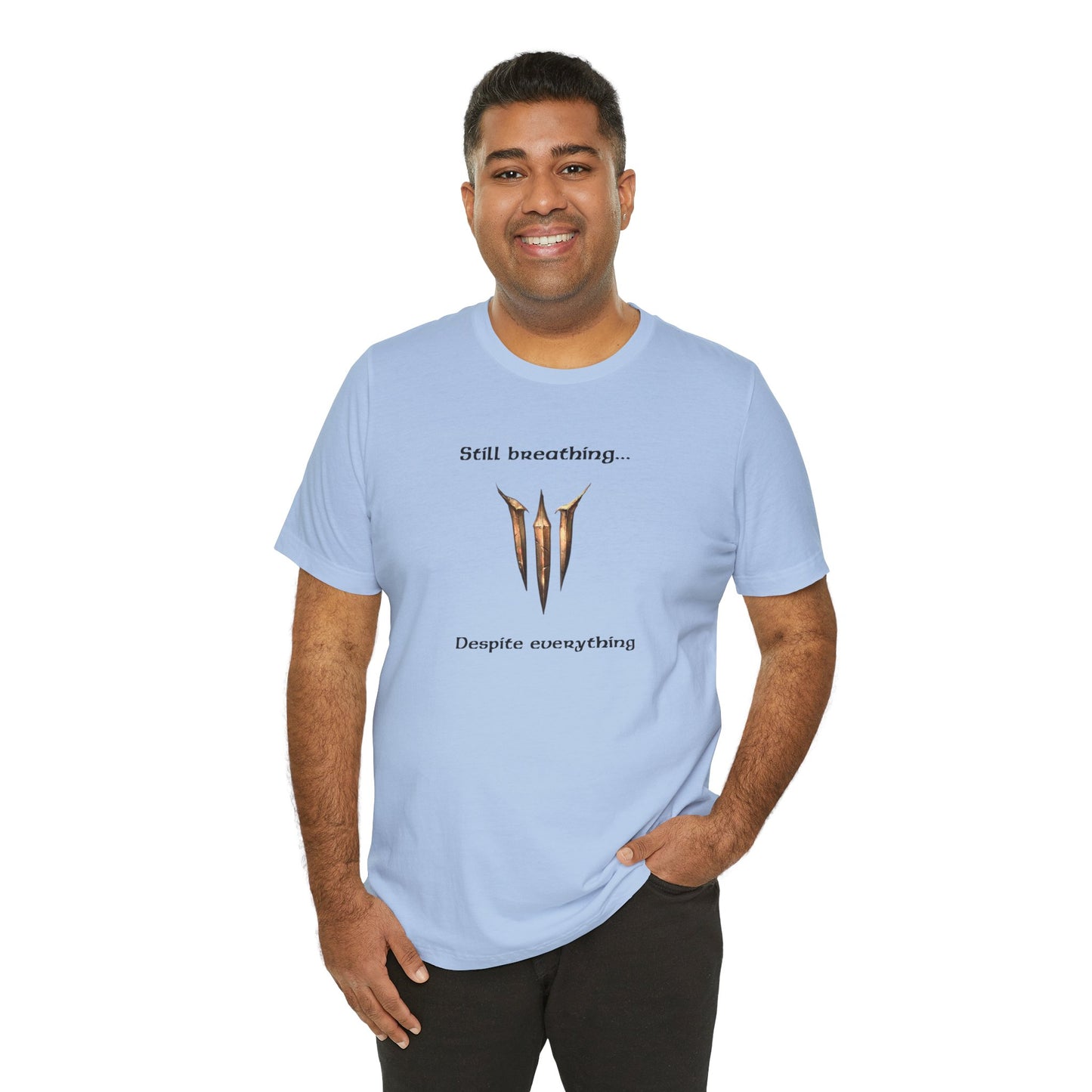 BG3 Tav Tee: 'Still breathing, despite everything' - Baldur's Gate 3 Unisex Shirt for Gamers and DND Nerds | PC, Xbox, and Playstation