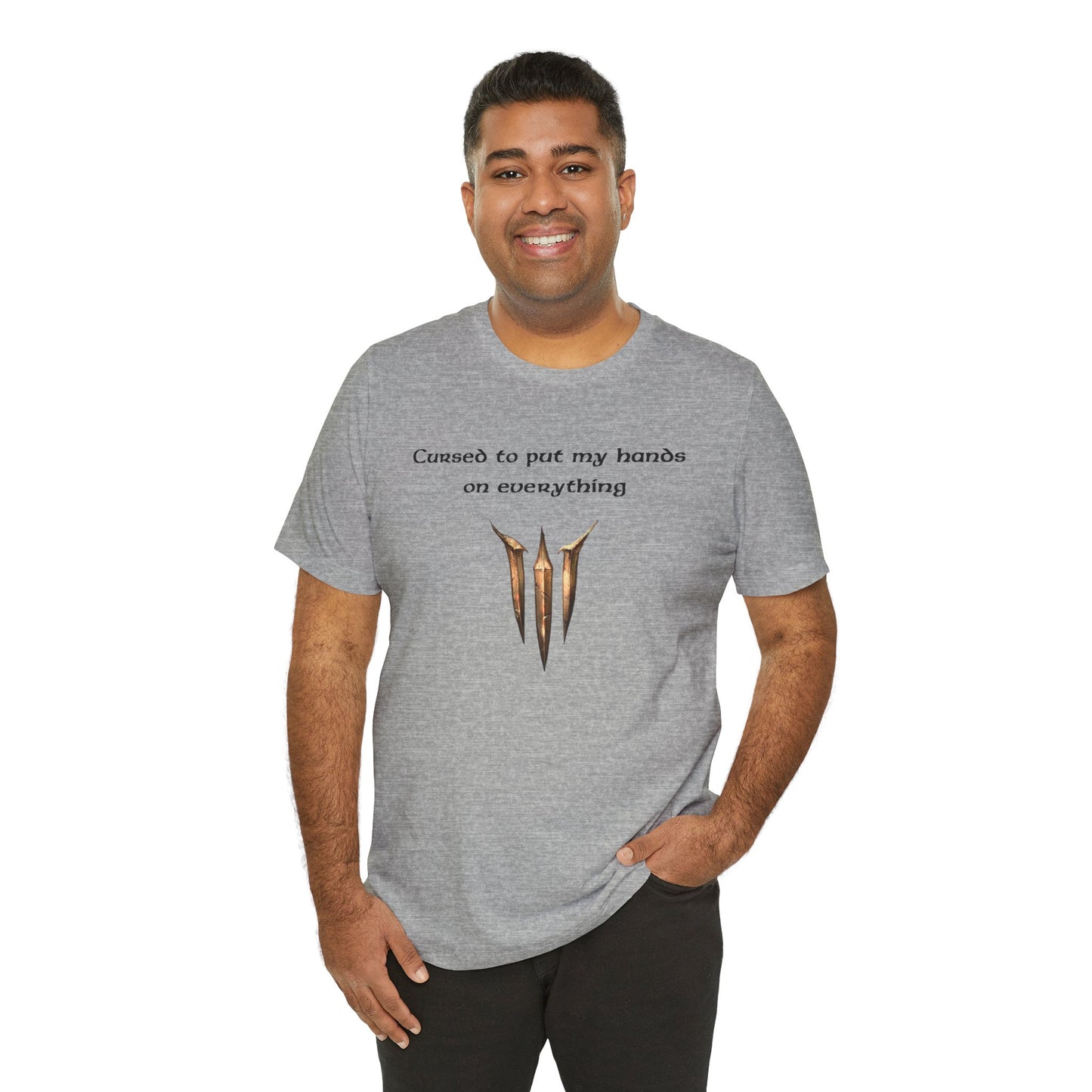 BG3 Tav Tee: 'Cursed to put my hands on everything' - Baldur's Gate 3 Unisex Shirt, Video Games, DND Gifts, Dungeons and Dragons, Astarion - Ivy Toller Designs