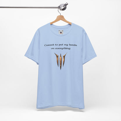 BG3 Tav Tee: 'Cursed to put my hands on everything' - Baldur's Gate 3 Unisex Shirt, Video Games, DND Gifts, Dungeons and Dragons, Astarion - Ivy Toller Designs