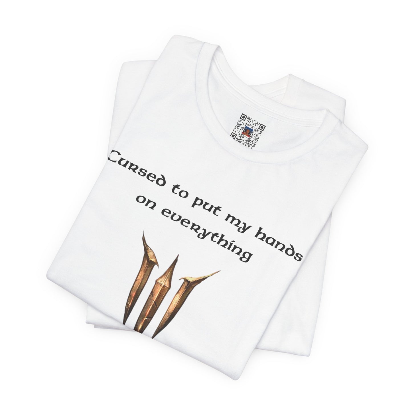 BG3 Tav Tee: 'Cursed to put my hands on everything' - Baldur's Gate 3 Unisex Shirt, Video Games, DND Gifts, Dungeons and Dragons, Astarion - Ivy Toller Designs