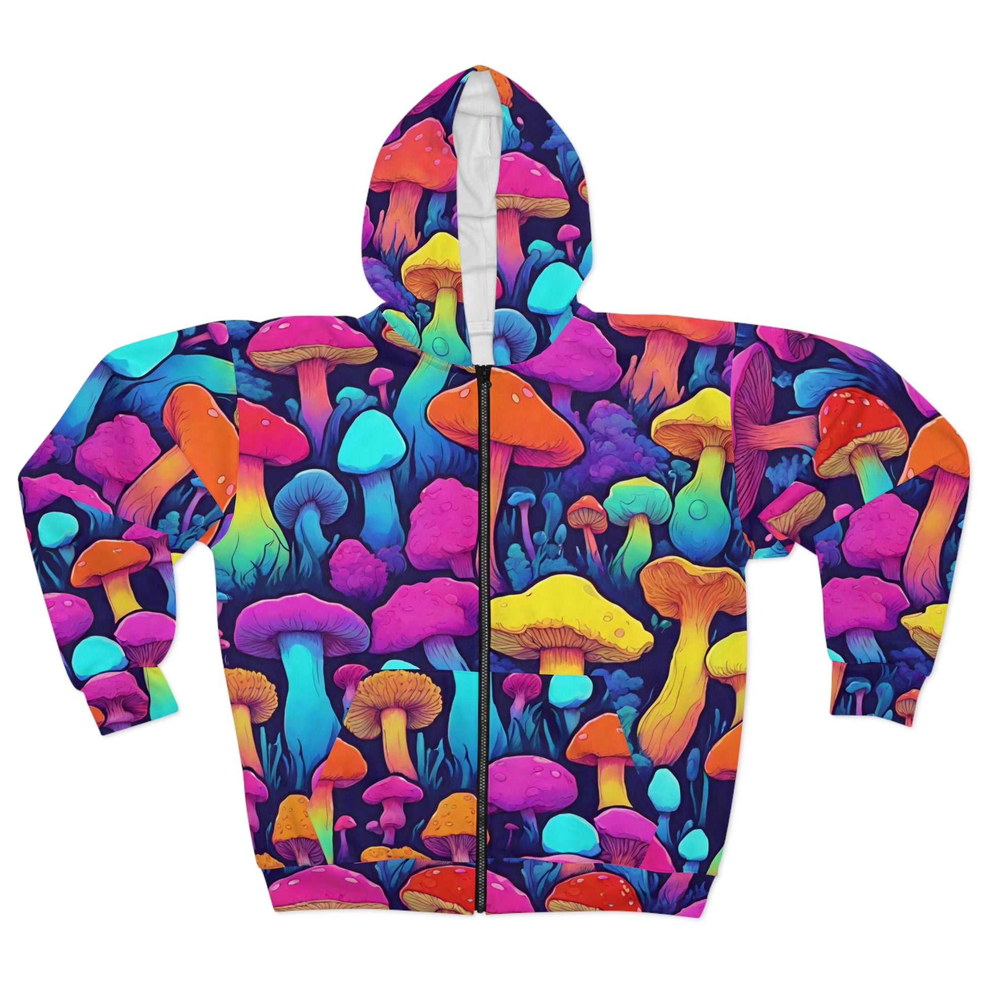 Mushroom Essentials Hoodie - Vaporwave Fungi Zip-Up Unisex Sweater, Trippy Goblincore, Y2K Aesthetic, Weird Stuff, Magic Mushroom Sweatshirt - Ivy Toller Designs