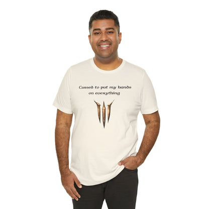 BG3 Tav Tee: 'Cursed to put my hands on everything' - Baldur's Gate 3 Unisex Shirt, Video Games, DND Gifts, Dungeons and Dragons, Astarion - Ivy Toller Designs