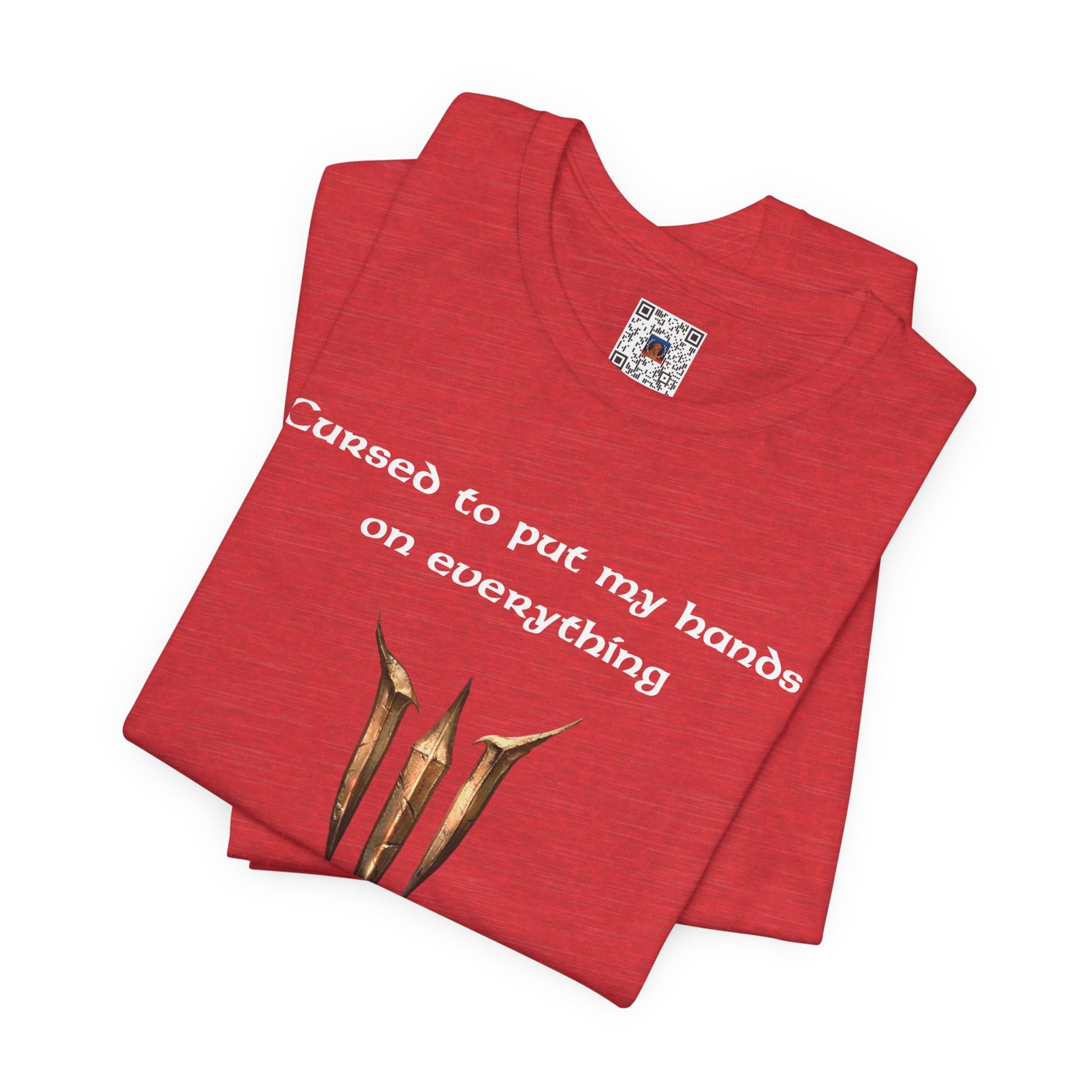 BG3 Tav Tee: 'Cursed to put my hands on everything' - Baldur's Gate 3 Unisex Shirt, Video Games, DND Gifts, Dungeons and Dragons, Astarion - Ivy Toller Designs