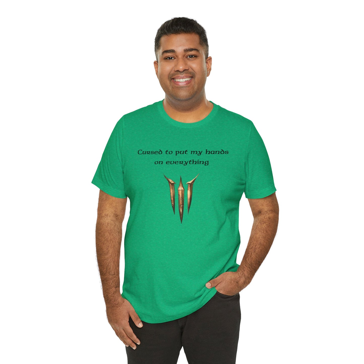 BG3 Tav Tee: 'Cursed to put my hands on everything' - Baldur's Gate 3 Unisex Shirt, Video Games, DND Gifts, Dungeons and Dragons, Astarion - Ivy Toller Designs