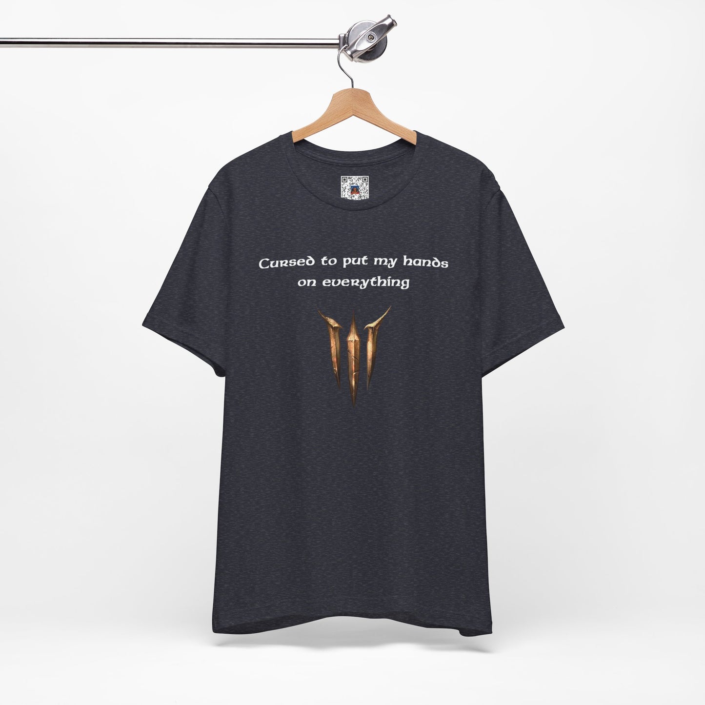 BG3 Tav Tee: 'Cursed to put my hands on everything' - Baldur's Gate 3 Unisex Shirt, Video Games, DND Gifts, Dungeons and Dragons, Astarion - Ivy Toller Designs