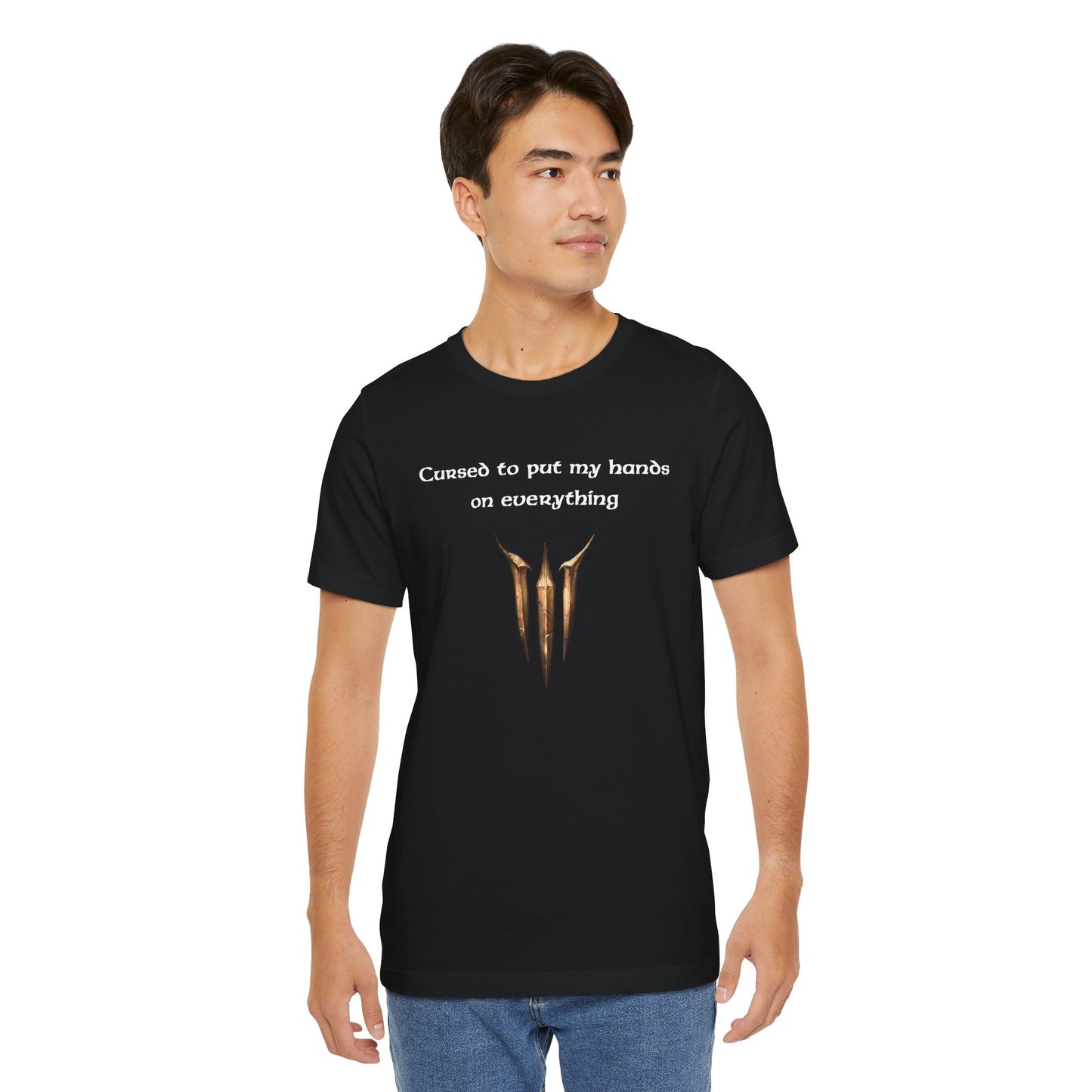 BG3 Tav Tee: 'Cursed to put my hands on everything' - Baldur's Gate 3 Unisex Shirt, Video Games, DND Gifts, Dungeons and Dragons, Astarion - Ivy Toller Designs