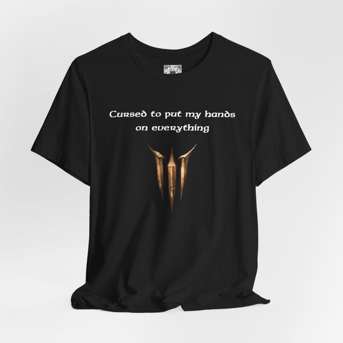 BG3 Tav Tee: 'Cursed to put my hands on everything' - Baldur's Gate 3 Unisex Shirt, Video Games, DND Gifts, Dungeons and Dragons, Astarion - Ivy Toller Designs