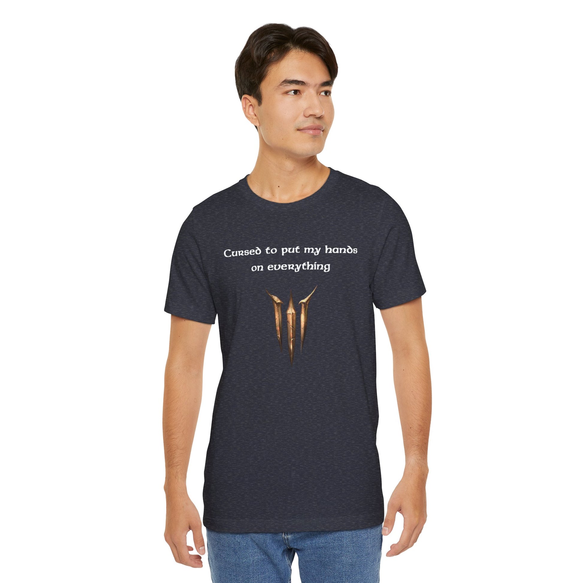 BG3 Tav Tee: 'Cursed to put my hands on everything' - Baldur's Gate 3 Unisex Shirt, Video Games, DND Gifts, Dungeons and Dragons, Astarion - Ivy Toller Designs