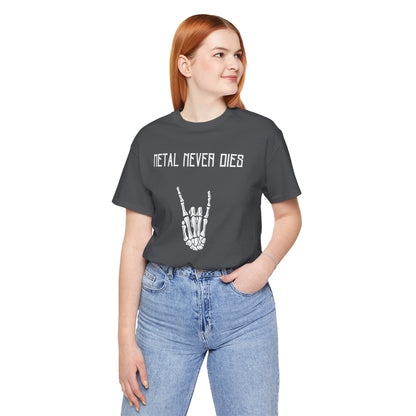 Rad "METAL NEVER DIES" Shirt, Rock Your Halloween, Music Merch, Skeleton, Metal Statement, Spooky, Adult, Party Tee, Heavy Metal, Hardcore - Ivy Toller Designs