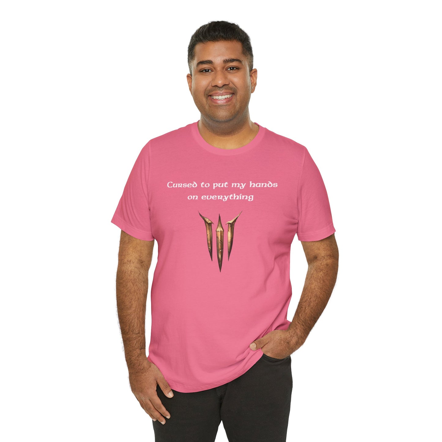 BG3 Tav Tee: 'Cursed to put my hands on everything' - Baldur's Gate 3 Unisex Shirt, Video Games, DND Gifts, Dungeons and Dragons, Astarion - Ivy Toller Designs