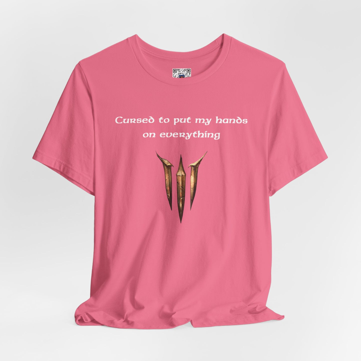 BG3 Tav Tee: 'Cursed to put my hands on everything' - Baldur's Gate 3 Unisex Shirt, Video Games, DND Gifts, Dungeons and Dragons, Astarion - Ivy Toller Designs