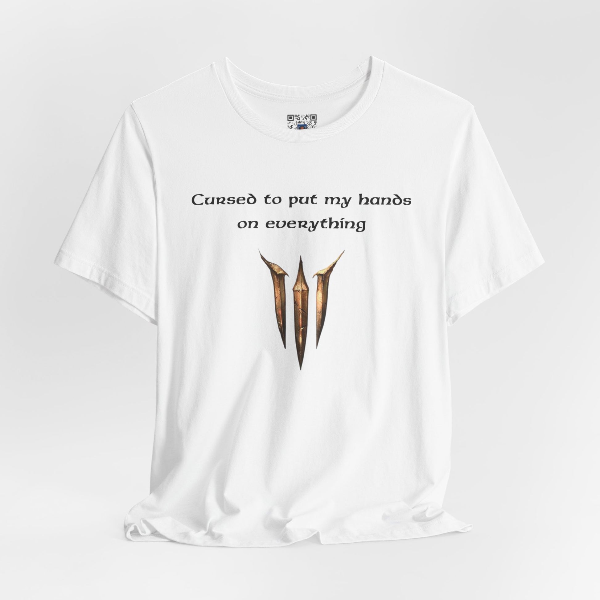 BG3 Tav Tee: 'Cursed to put my hands on everything' - Baldur's Gate 3 Unisex Shirt, Video Games, DND Gifts, Dungeons and Dragons, Astarion - Ivy Toller Designs