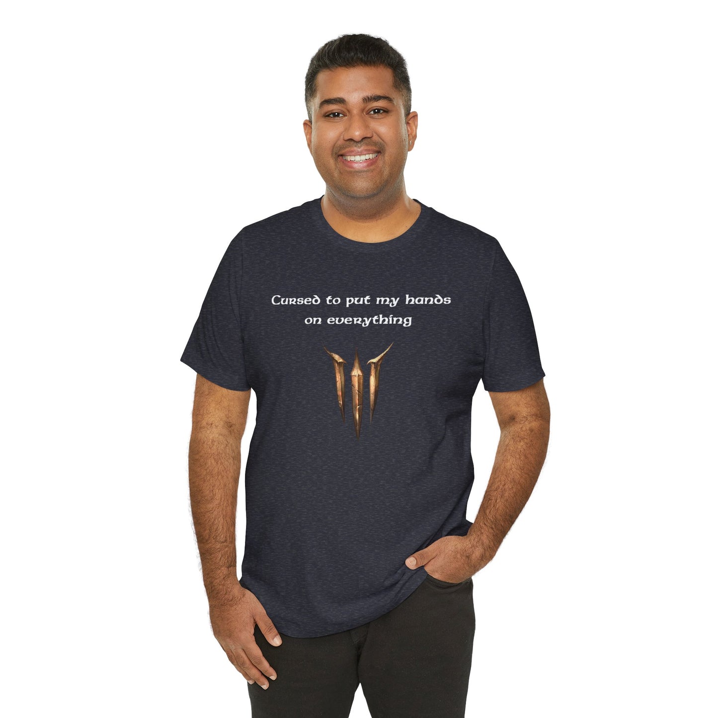 BG3 Tav Tee: 'Cursed to put my hands on everything' - Baldur's Gate 3 Unisex Shirt, Video Games, DND Gifts, Dungeons and Dragons, Astarion - Ivy Toller Designs