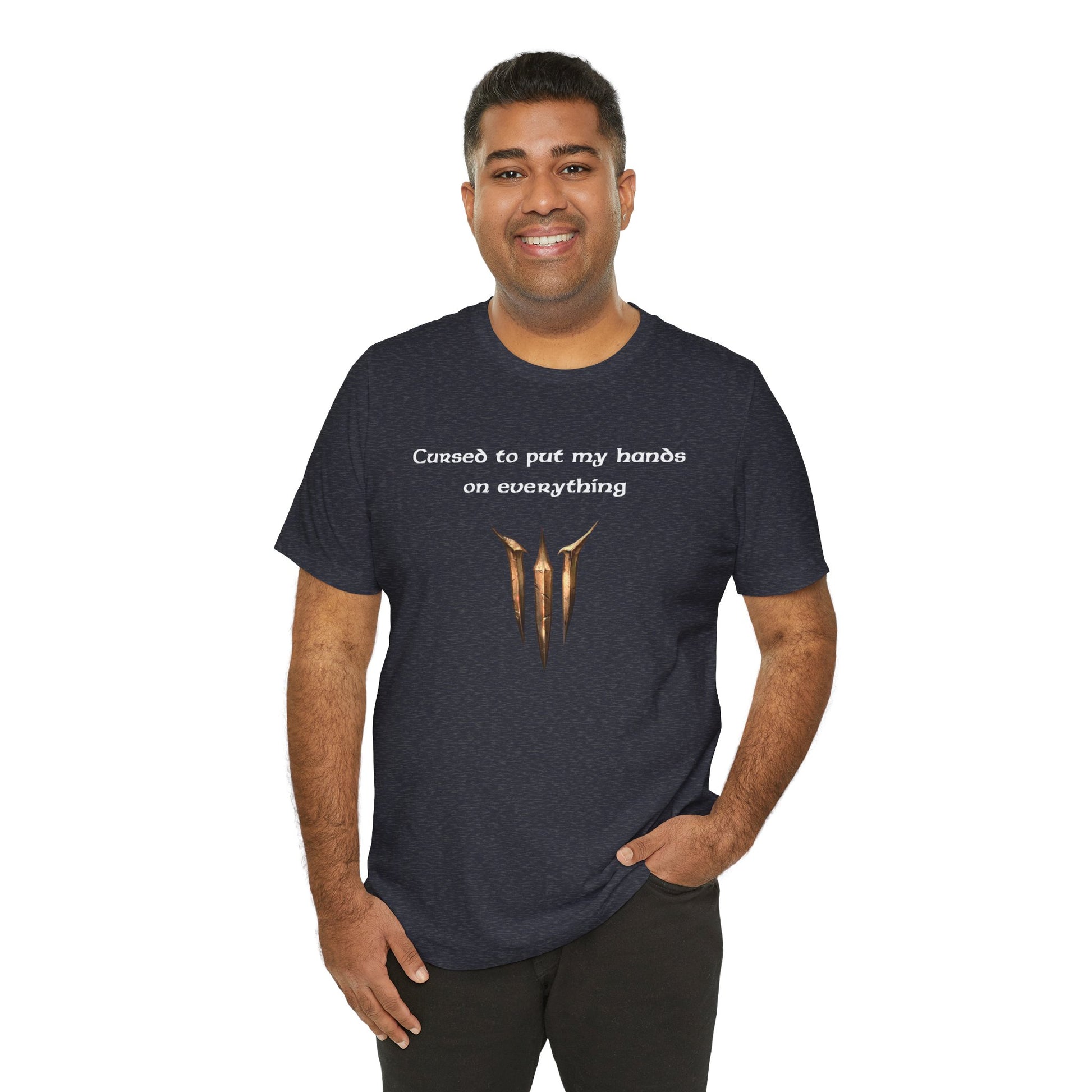 BG3 Tav Tee: 'Cursed to put my hands on everything' - Baldur's Gate 3 Unisex Shirt, Video Games, DND Gifts, Dungeons and Dragons, Astarion - Ivy Toller Designs