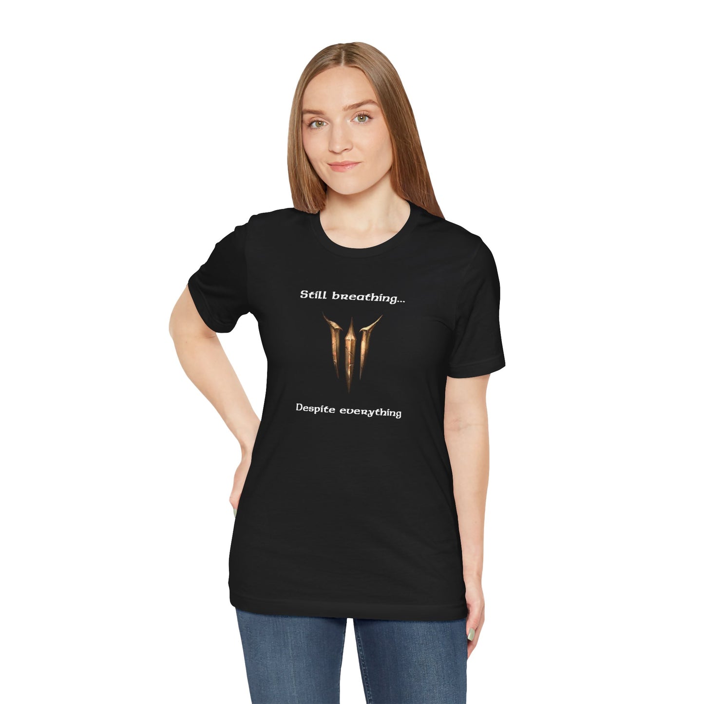 BG3 Tav Tee: 'Still breathing, despite everything' - Baldur's Gate 3 Unisex Shirt for Gamers and DND Nerds | PC, Xbox, and Playstation