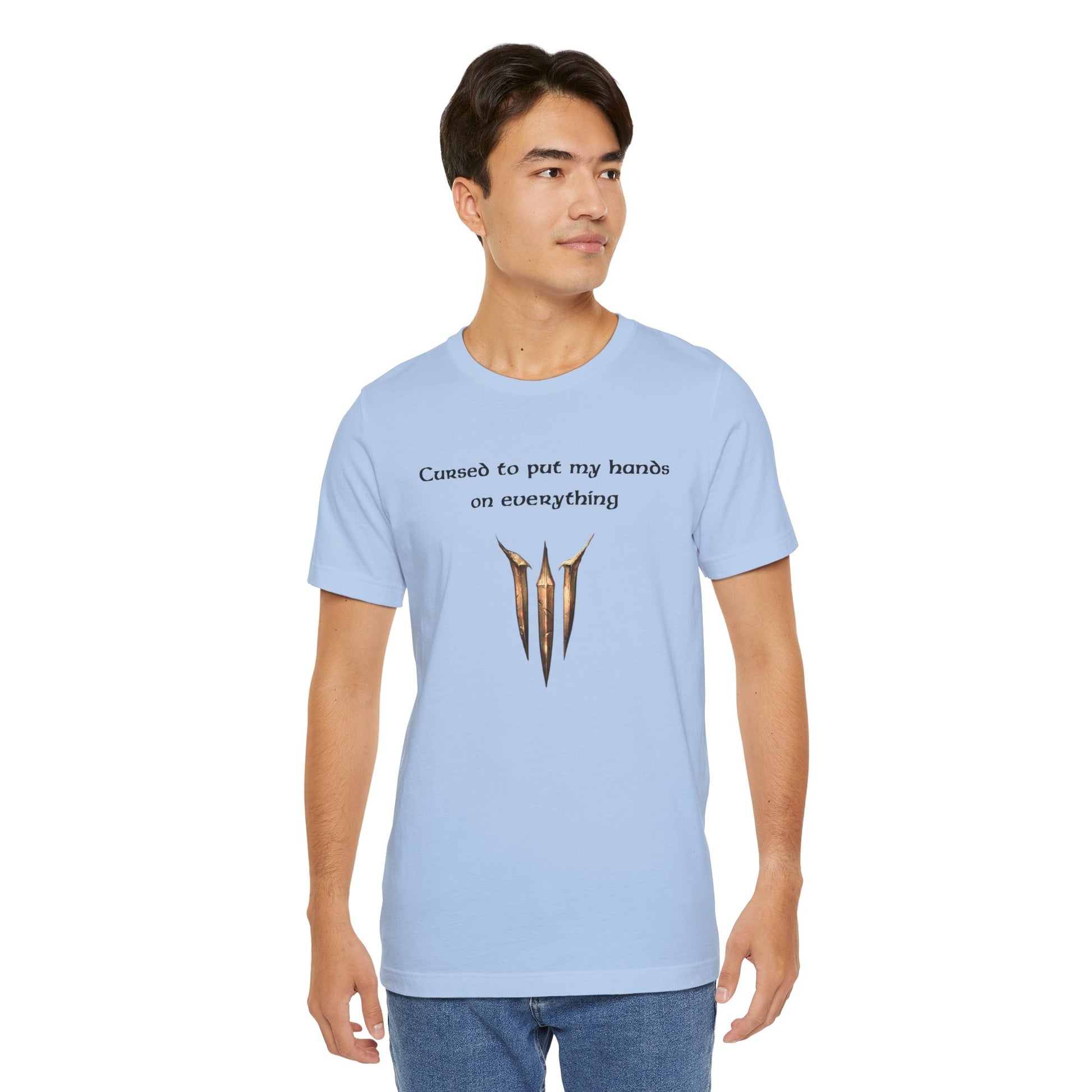 BG3 Tav Tee: 'Cursed to put my hands on everything' - Baldur's Gate 3 Unisex Shirt, Video Games, DND Gifts, Dungeons and Dragons, Astarion - Ivy Toller Designs