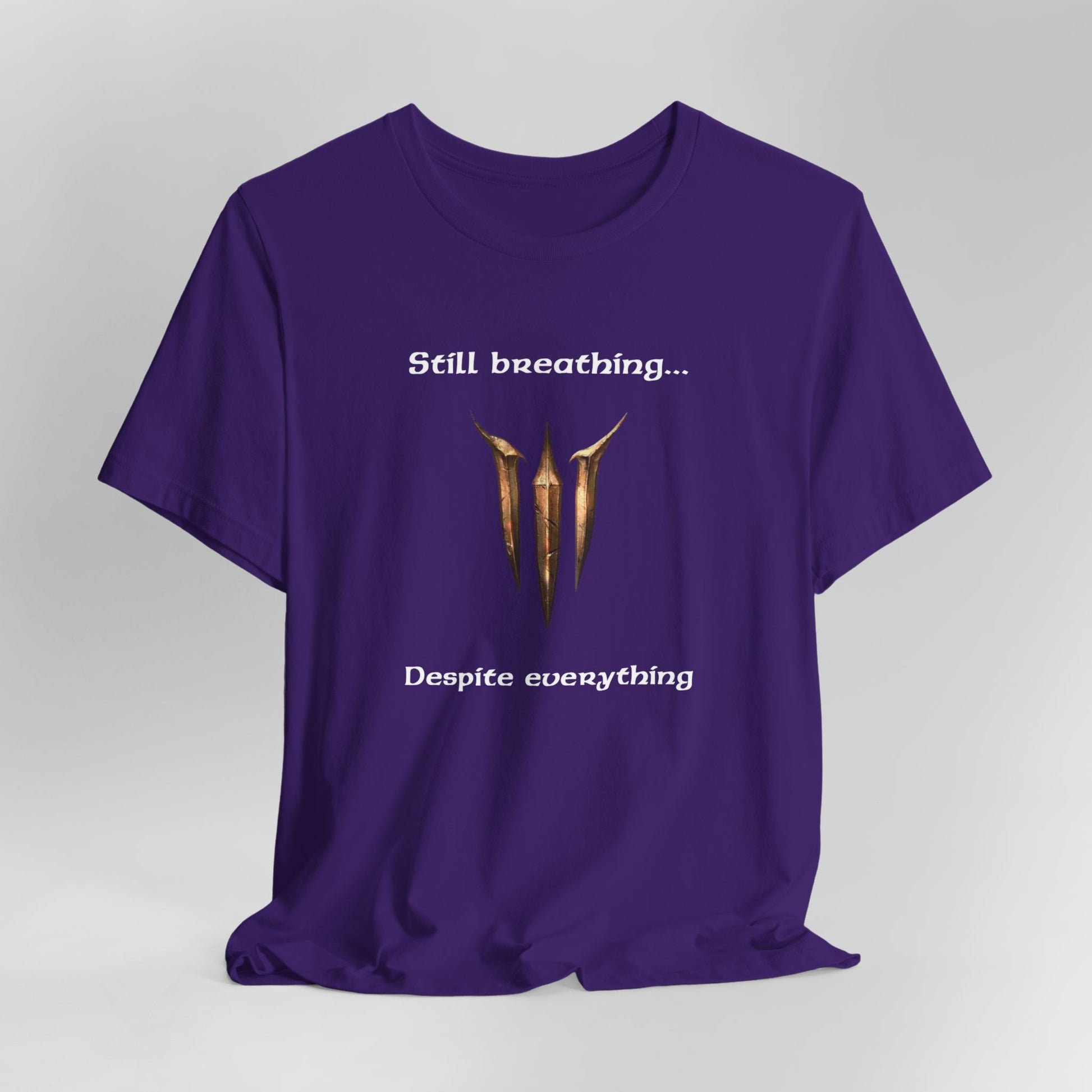 BG3 Tav Tee: 'Still breathing, despite everything' - Baldur's Gate 3 Unisex Shirt for Gamers and DND Nerds | PC, Xbox, and Playstation - Ivy Toller Designs