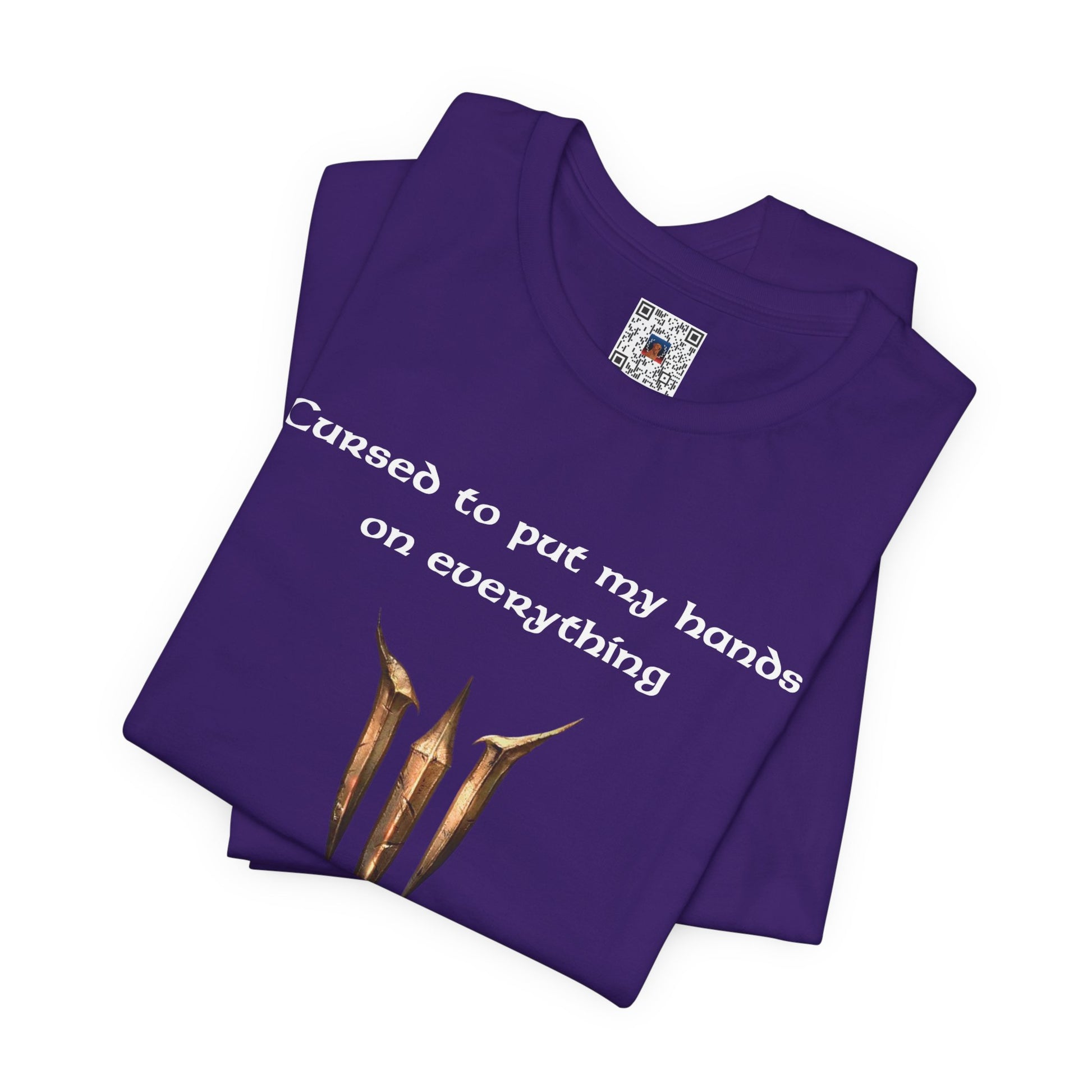 BG3 Tav Tee: 'Cursed to put my hands on everything' - Baldur's Gate 3 Unisex Shirt, Video Games, DND Gifts, Dungeons and Dragons, Astarion - Ivy Toller Designs