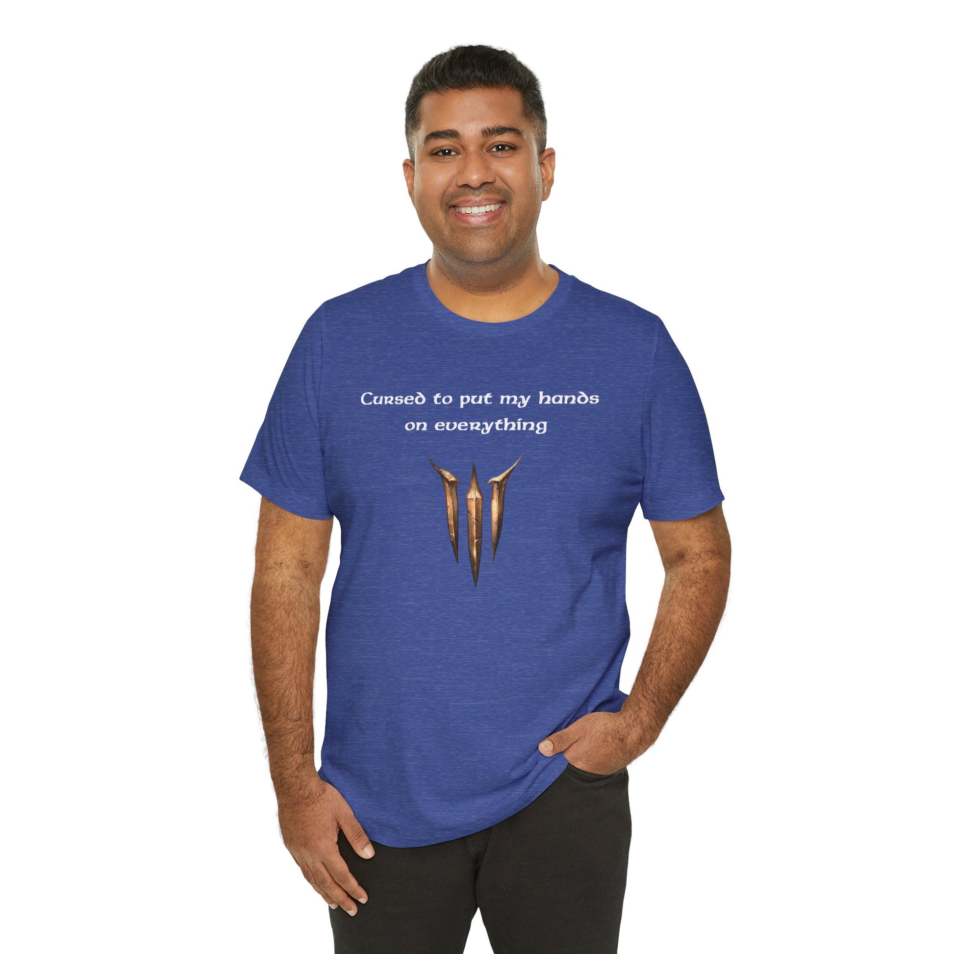 BG3 Tav Tee: 'Cursed to put my hands on everything' - Baldur's Gate 3 Unisex Shirt, Video Games, DND Gifts, Dungeons and Dragons, Astarion - Ivy Toller Designs