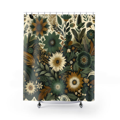 BoHo Flower Print Shower Curtain, Serenity in Bloom - Bohemian Elegance Green Floral Shower Curtain for Bathroom, Great Housewarming Gift! - Ivy Toller Designs