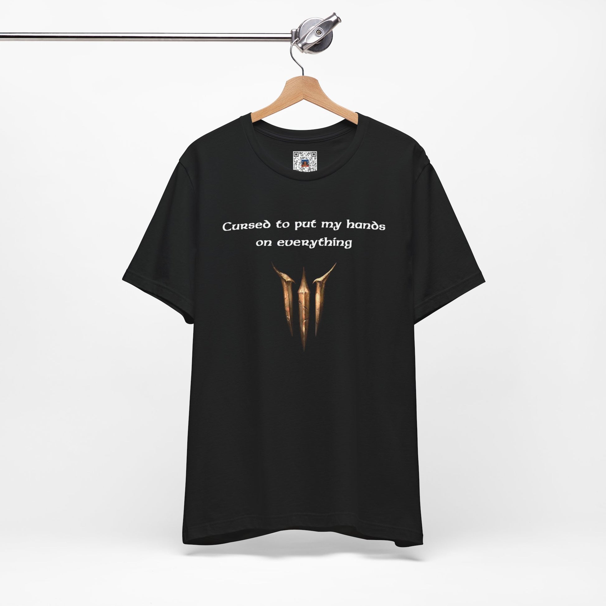 BG3 Tav Tee: 'Cursed to put my hands on everything' - Baldur's Gate 3 Unisex Shirt, Video Games, DND Gifts, Dungeons and Dragons, Astarion - Ivy Toller Designs