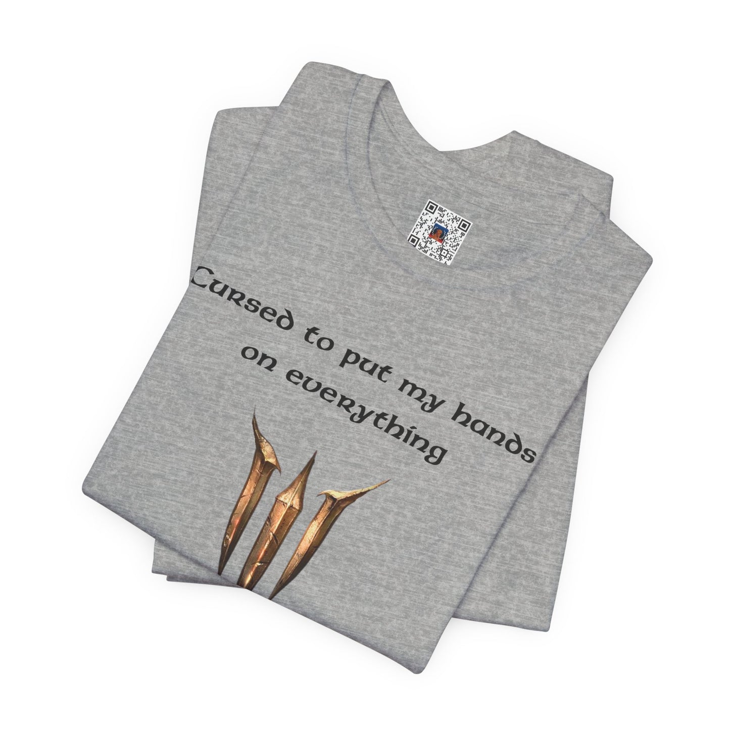 BG3 Tav Tee: 'Cursed to put my hands on everything' - Baldur's Gate 3 Unisex Shirt, Video Games, DND Gifts, Dungeons and Dragons, Astarion - Ivy Toller Designs