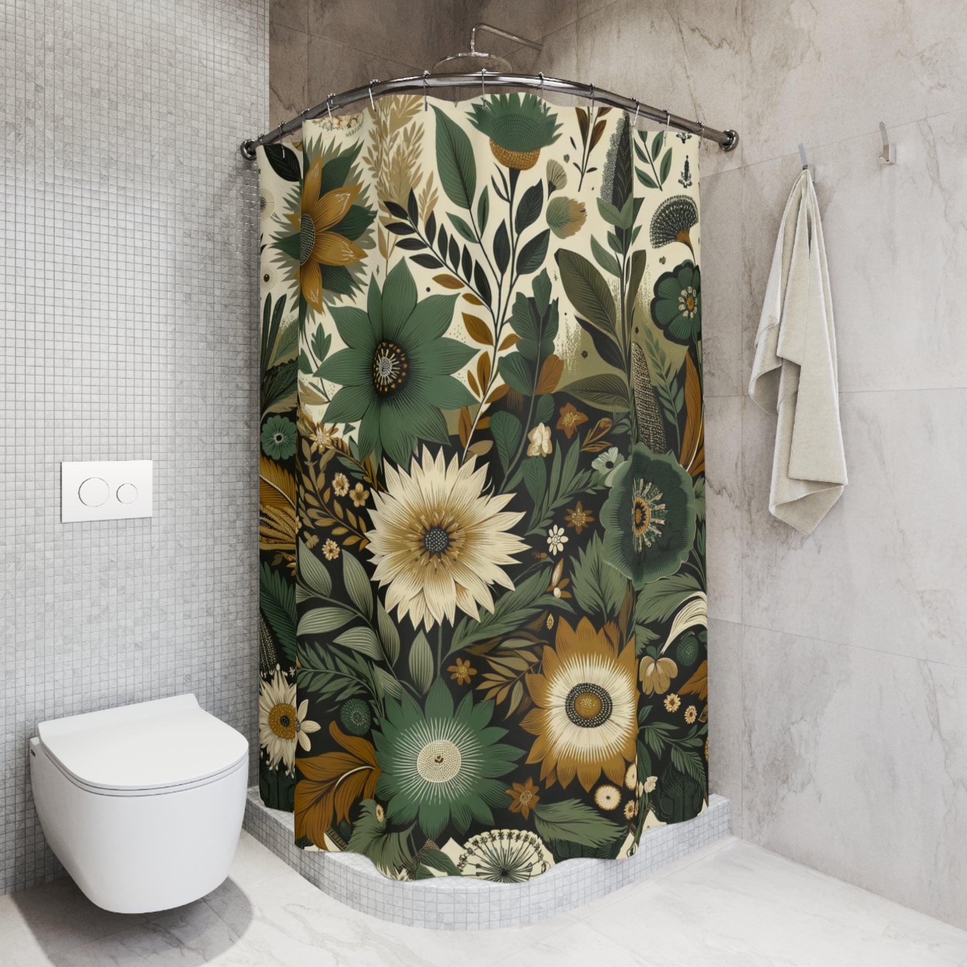 BoHo Flower Print Shower Curtain, Serenity in Bloom - Bohemian Elegance Green Floral Shower Curtain for Bathroom, Great Housewarming Gift! - Ivy Toller Designs