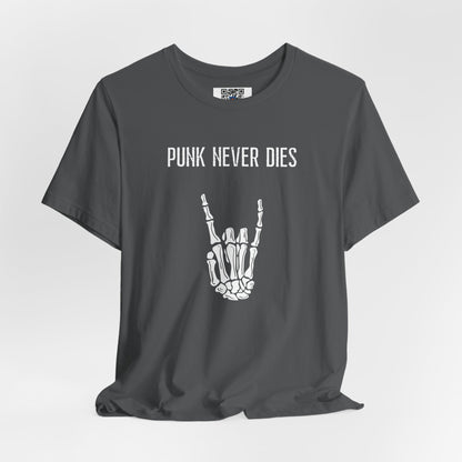 Rad "PUNK NEVER DIES" Shirt, Halloween, Skeleton, Music, Punk Rock, Metal, Adult, Party Tee, Spooky, Badass, Devil Horns, Hard Rock, Gift - Ivy Toller Designs