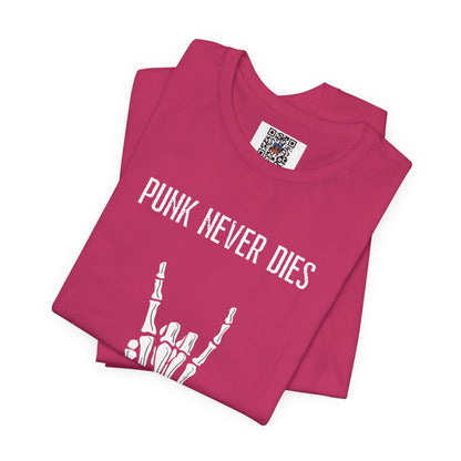 Rad "PUNK NEVER DIES" Shirt, Halloween, Skeleton, Music, Punk Rock, Metal, Adult, Party Tee, Spooky, Badass, Devil Horns, Hard Rock, Gift - Ivy Toller Designs