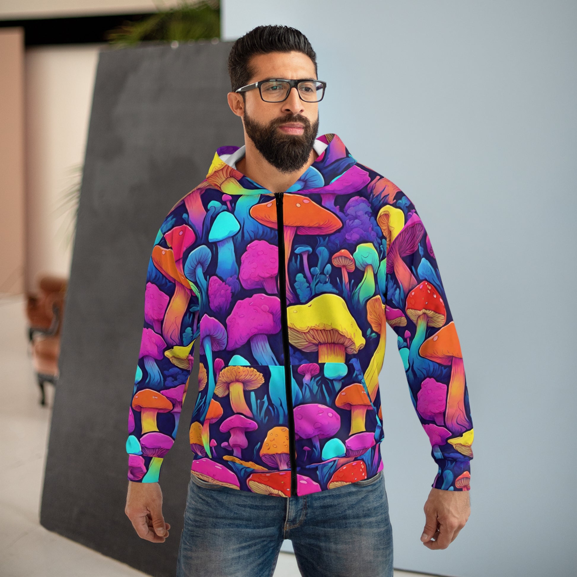 Mushroom Essentials Hoodie - Vaporwave Fungi Zip-Up Unisex Sweater, Trippy Goblincore, Y2K Aesthetic, Weird Stuff, Magic Mushroom Sweatshirt - Ivy Toller Designs