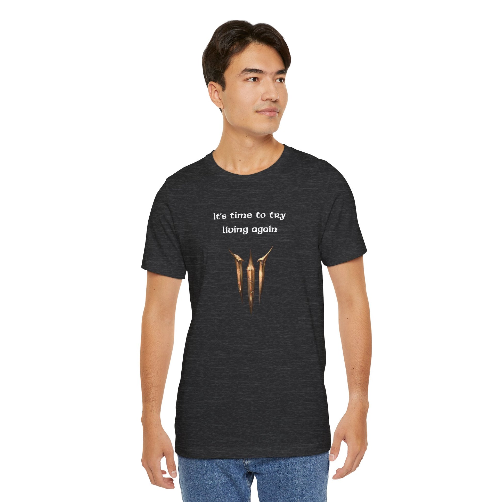 BG3 Astarion Tee: 'It's Time to Try Living Again' - Baldur's Gate 3 Unisex Shirt for Video Gamers, DND gift, Nerds, Dungeons and Dragons - Ivy Toller Designs