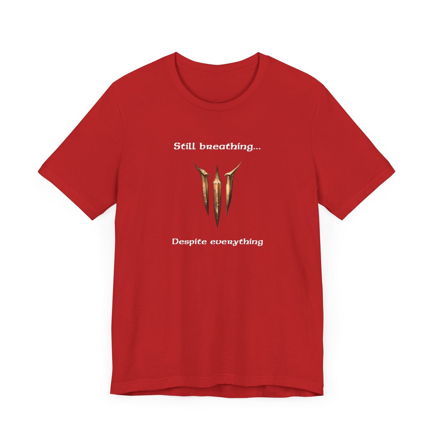 BG3 Tav Tee: 'Still breathing, despite everything' - Baldur's Gate 3 Unisex Shirt for Gamers and DND Nerds | PC, Xbox, and Playstation